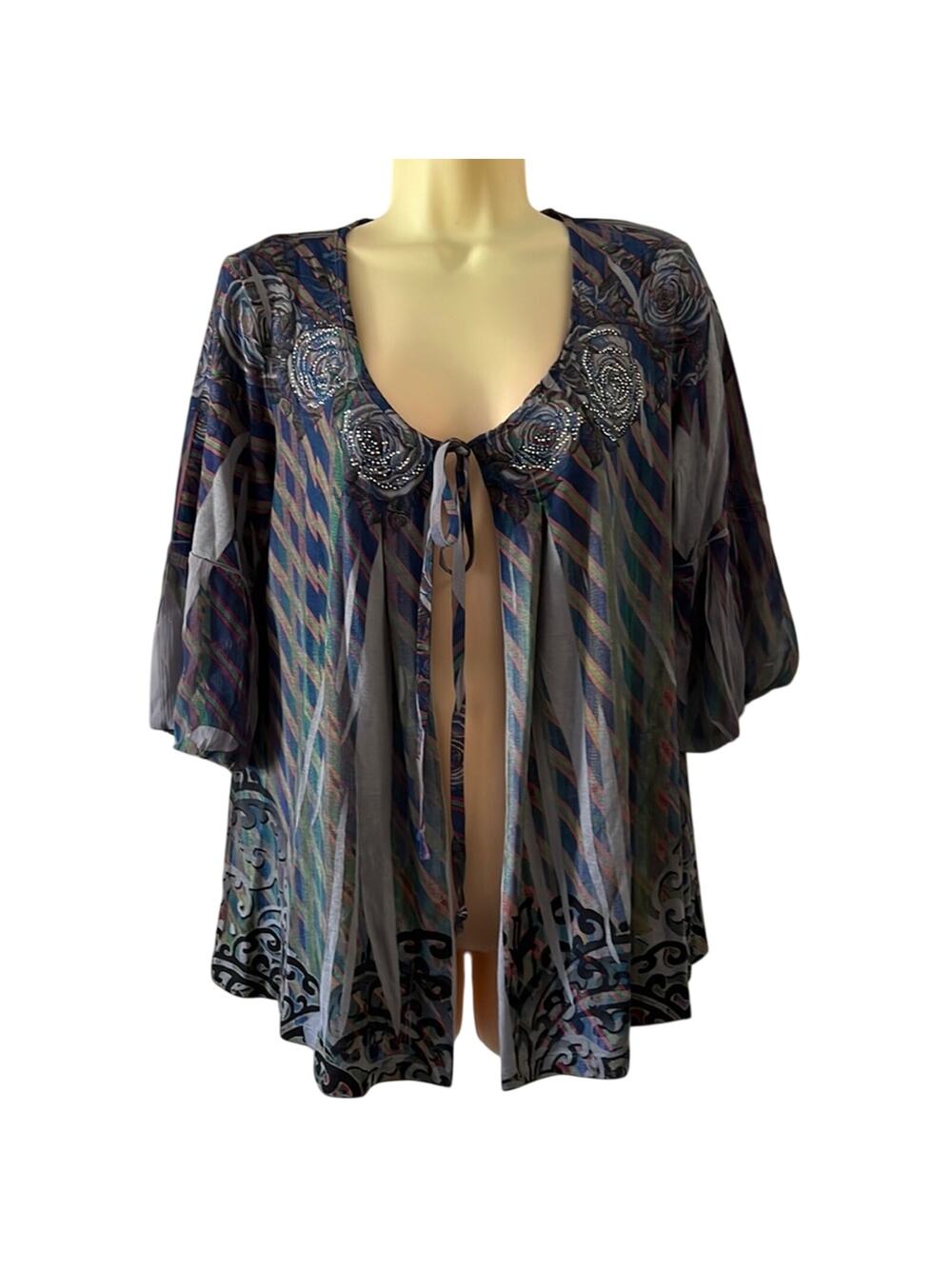 Multicolor Print Cardigan Sweater with Embellishments Woman Size Medium Y2K